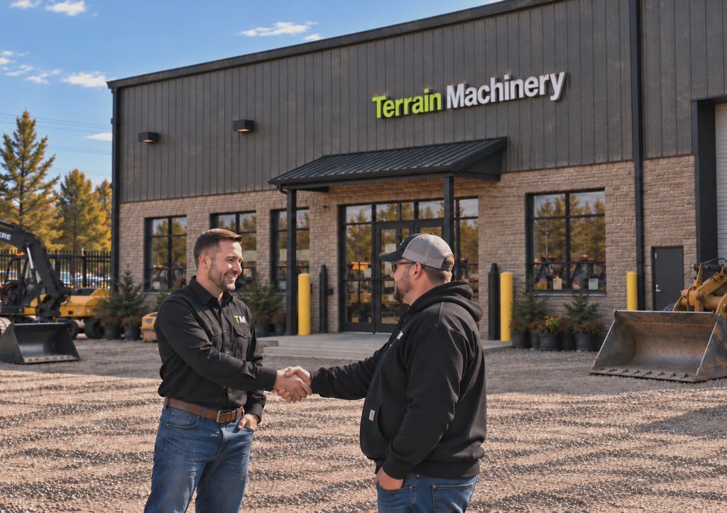 Terrain Machinery specialist assisting a customer at the equipment yard
