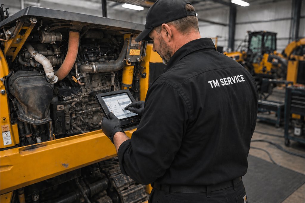 Terrain Machinery technician performing a detailed equipment inspection